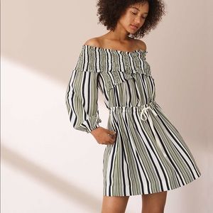 Blue Green Striped Smocked Long Sleeve Off The Shoulder Dress with Drawstring